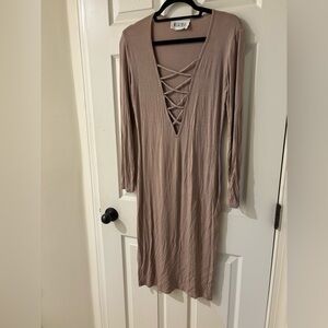 Milkyway Chic Long Sleeve Crisscross Dress in Taupe Large